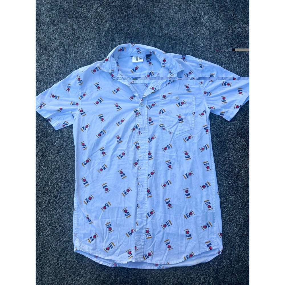 Miller Lite Beer Shirt Mens S White All Over Logo Print Button Up Short Sleeve